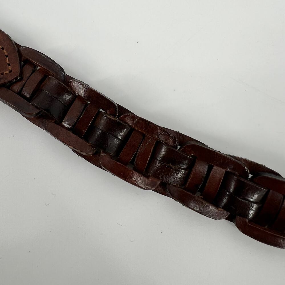 Vintage Leather Belt Womens Small Brass Buckle Braided Chain Mahogany Brown Gold - Picture 3 of 9